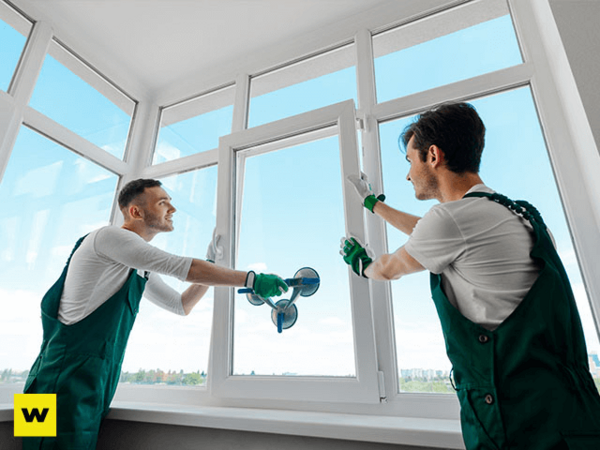 Zwei Handwerker bauen ein modernes Fenster mit Werkzeug im hellen Raum ein.